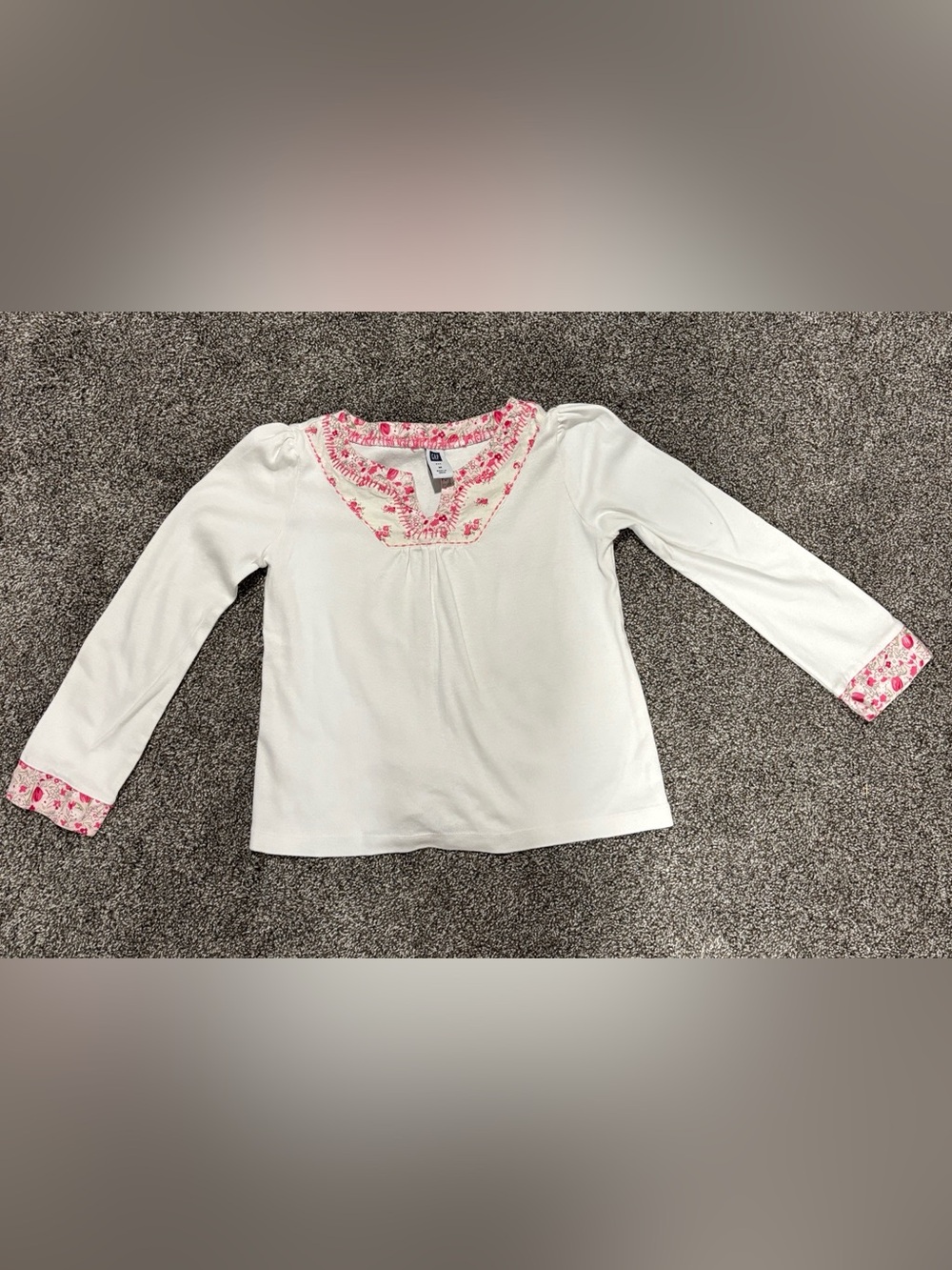 GAP White Long-Sleeve Top with Pink Floral Trim
